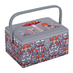 SEWING BASKET BOX Woodland Toadstool Design With an Embroidered Lid Medium Size Available with or without Sewing Accessory Kit image 1