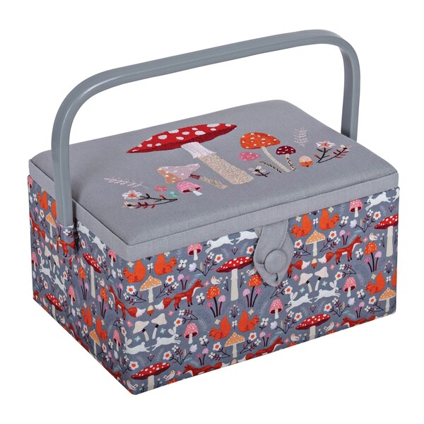 SEWING BASKET BOX Woodland Toadstool Design With an Embroidered Lid Medium Size Available with or without Sewing Accessory Kit