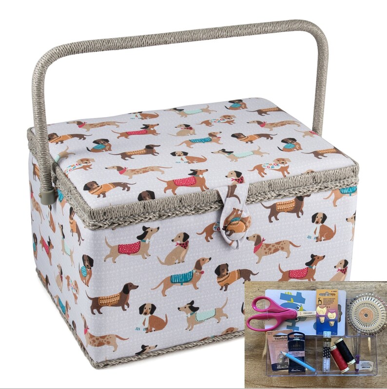 SEWING BASKET Sausage Dog Design Large Size with Optional Sewing Kit Available Basket + Sewing Kit