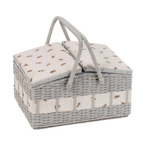 SEWING BASKET 'Bee' Design Grey Wicker Large Size Twin Lids