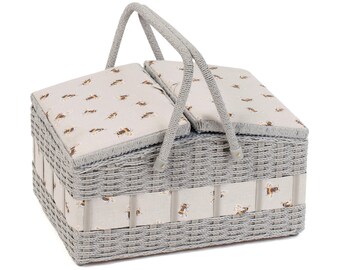 SEWING BASKET 'Bee' Design Grey Wicker Large Size Twin Lids