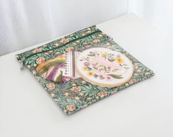 Morris Green Floral Project Pouch. Zipper Craft Storage, Needlework Organizer with Clear Pocket