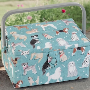 SEWING BASKET Dogs Design Medium Size Available with or without Quality Sewing Kit
