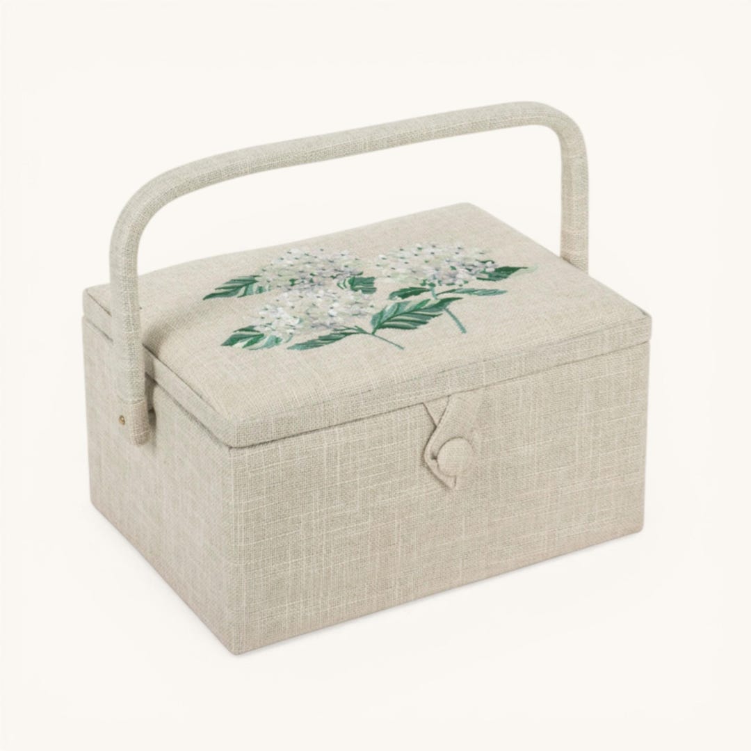 Sewing Basket Hydrangea Design with Embroidered Lid. Medium Size