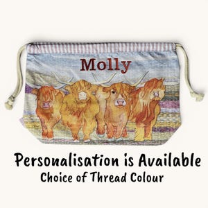 Emma Ball Highland Coo-tas met trekkoord. Brei- en haakproject en garenopslag. Gepersonaliseerde optie: afbeelding 6