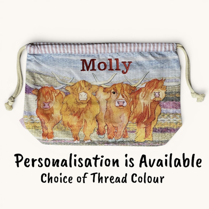Emma Ball Highland Coo-tas met trekkoord. Brei- en haakproject en garenopslag. Gepersonaliseerde optie: afbeelding 6