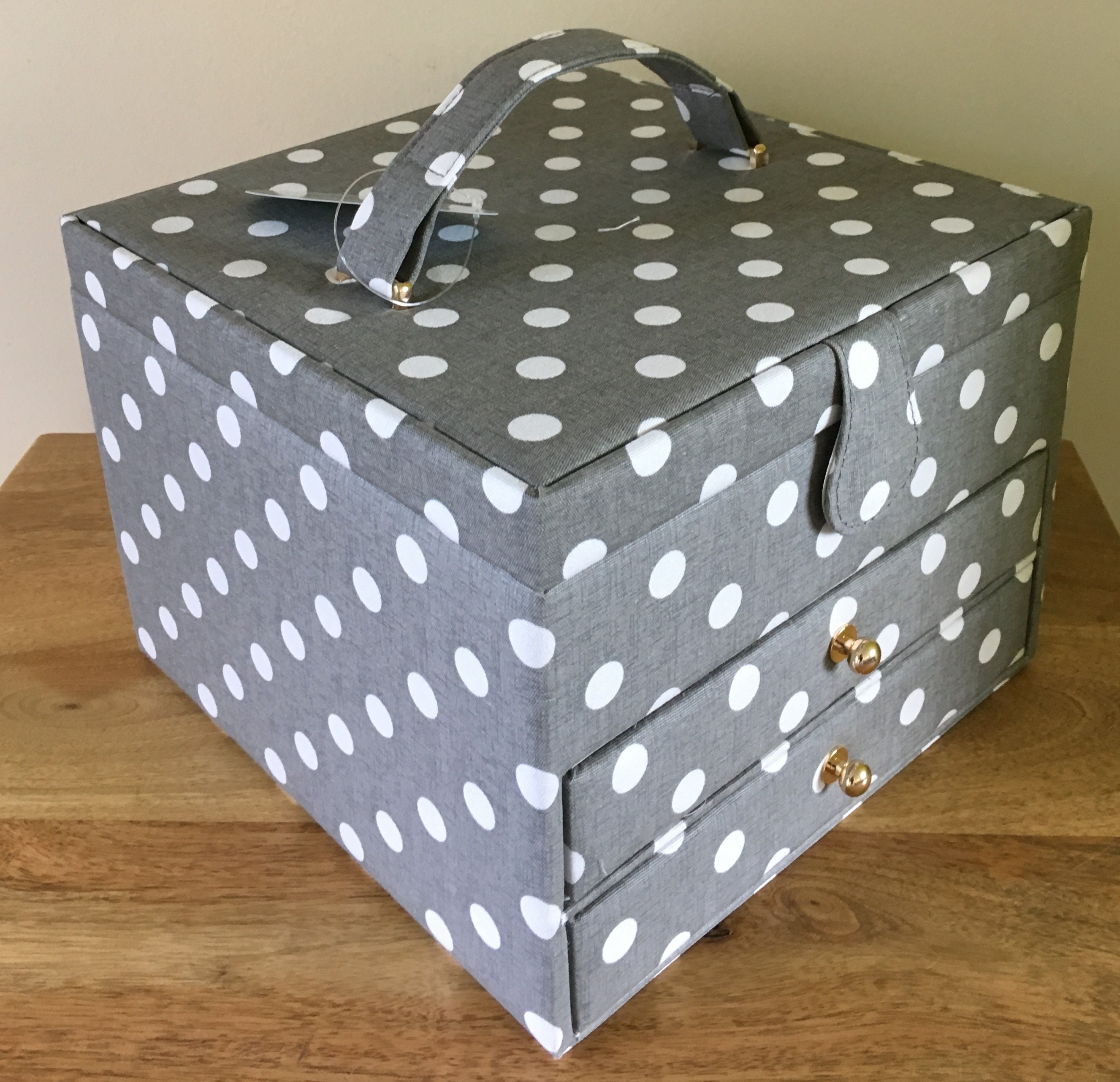 SEWING BOX BASKET Grey Spot with 2 Drawers Large Size FABULOUS DESIGN & QUALITY 