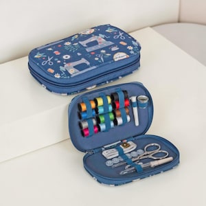 Zip Case Travel Sewing Kit – Blue Sewing Machine Print