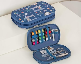 Zip Case Nähset mit blauem Nähmaschinen Print