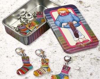 CROCHET STITCH MARKERS in a Tin. Socks Design by Emma Ball