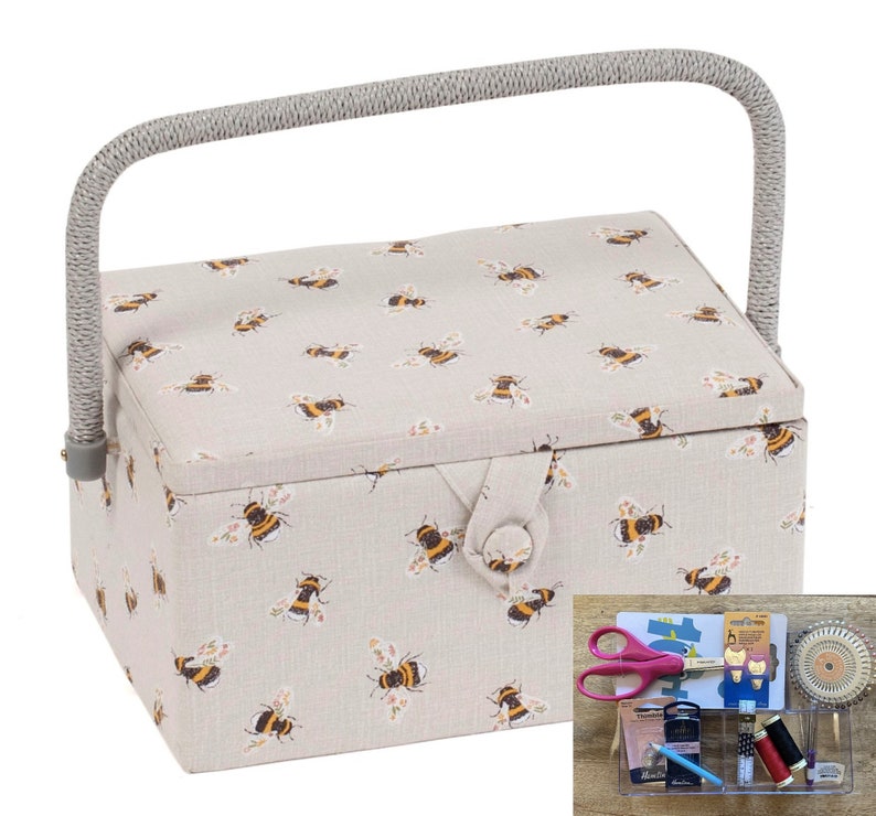 PANIER À COUDRE Motif abeille de taille moyenne Disponible avec ou sans kit d'accessoires de couture de qualité Basket & Sewing Kit