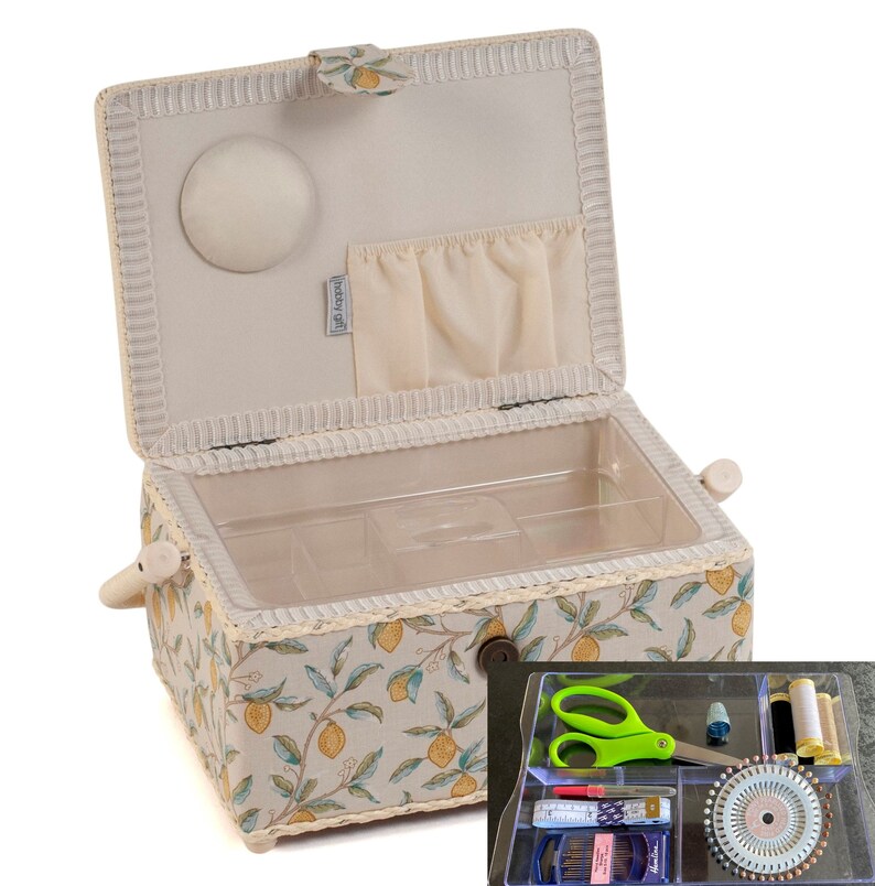 SEWING BASKET 'Morris Lemons' Design Medium Size with Optional Sewing Kit Available Basket + Sewing Kit