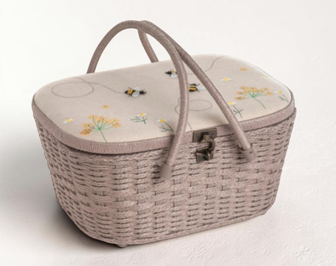 Linen Bee Wicker Sewing Basket – Large Taupe Craft Storage Box with Appliqué Bees & Flowers