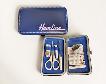 Hemline Travel Sewing Kit Blue Faux Leather Case Compact Mini Repair Kit