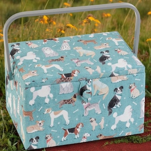 SEWING BASKET Dogs Design Large Size Available with or without Quality Sewing Kit