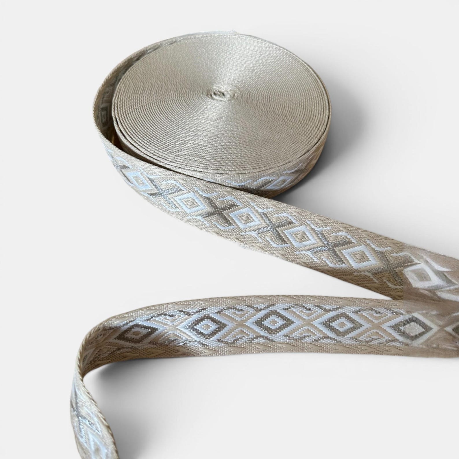 Webbing Cream Diamond Embroidered Style Webbing in Cream & Silver - 38mm - 3m Lengths ...