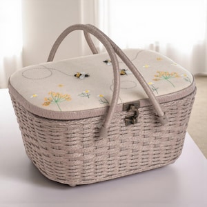 Linen Bee Wicker Sewing Basket – Large Taupe Craft Storage Box with Appliqué Bees & Flowers