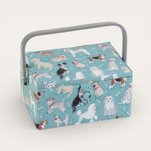 Dog Print Sewing Box Medium – Turquoise Basket with Tray & Handle, Sewing Organizer