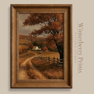 May include: A framed landscape painting featuring a dirt path winding through a golden autumn field toward a house, with a large tree in the foreground and a wooden fence. The text Winterberry Prints Printable Artwork is visible on the right side.
