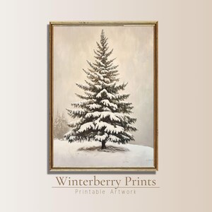 Vintage Christmas Tree Print Vintage Snowy Pine Tree  Oil Painting Neutral Christmas Tree snowy Home Decor Textured Digital Winter Art