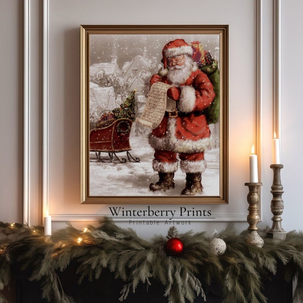 Printable Christmas wall Art, Santa Print, Christmas Decor, Vintage Santa Checking His List, Textured Printable, Digital Download, #079PT