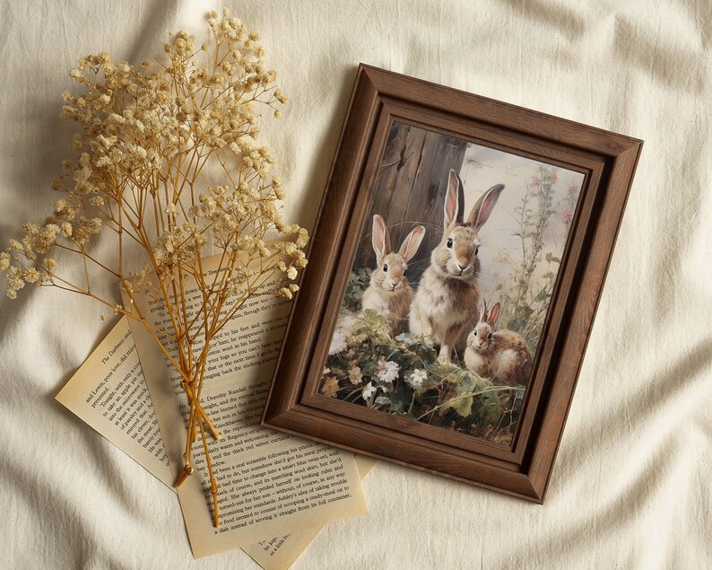 May include: A framed print of a painting depicting three rabbits in a woodland setting. The rabbits are brown and white with long ears and are surrounded by green foliage and white flowers.