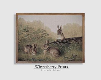 Vintage Easter Rabbit Painting: Farmhouse Spring Wall Art (Digital Download)