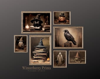 May include: A set of eight printable Halloween-themed art prints featuring a black cat wearing a witch's hat, a pumpkin with a top hat, a raven perched on a branch, an owl wearing a witch's hat, a stack of books with a witch's hat on top, a ghost, and a frog wearing a witch's hat. The prints are all in a vintage style with a dark and moody color palette.