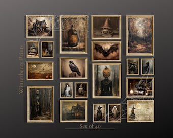 May include: A set of 40 framed Halloween-themed prints, featuring images of a spooky house, a bat, a pumpkin, a raven, a witch, and other spooky imagery. The prints are arranged in a grid pattern on a gray wall. The text "Winterberry Prints" and "Set of 40" are visible on the wall.