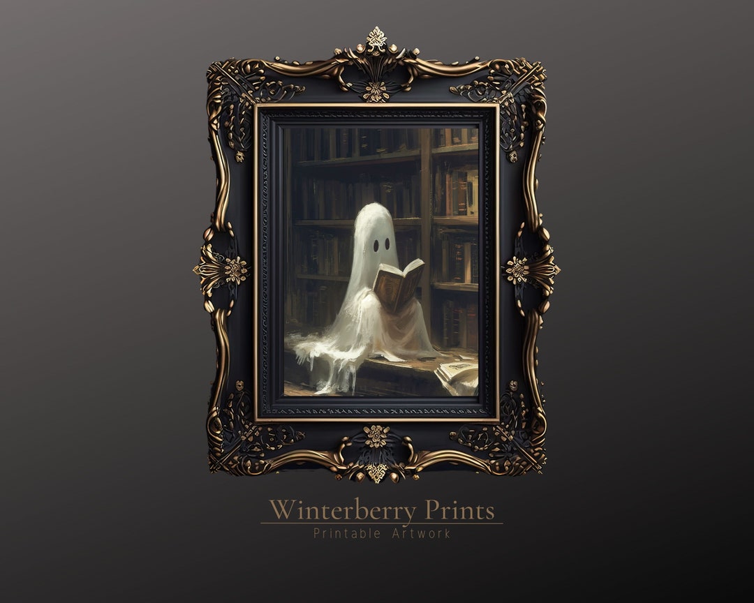 Ghost Reading Library Art Print: Dark Academia Halloween Decor (digital ...