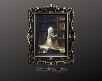 Ghost Reading Library Art Print: Dark Academia Halloween Decor (Digital Download)