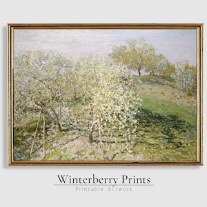 May include: A painting depicting a landscape with a hill covered in green grass and trees in full bloom. The trees are in the foreground and the hill is in the background. The sky is a light blue colour.