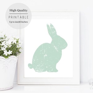 Puede incluir: Una impresi&oacute;n de arte imprimible con una silueta verde claro de un conejo sobre un fondo blanco. La impresi&oacute;n est&aacute; enmarcada en un marco blanco y se muestra sobre una superficie blanca.