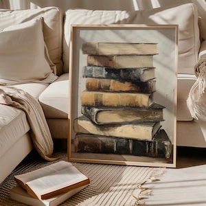 Book Lover Print Stack of Books Oil Painting Library Printable Art Printable Book Stack Art Textured  Wall Art  Vintage Stack of Books