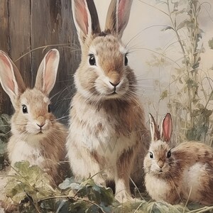 May include: Three brown rabbits sitting in a field of green plants. The rabbit in the center is the largest and has long, floppy ears. The other two rabbits are smaller and have shorter ears. The rabbits are all looking at the camera.