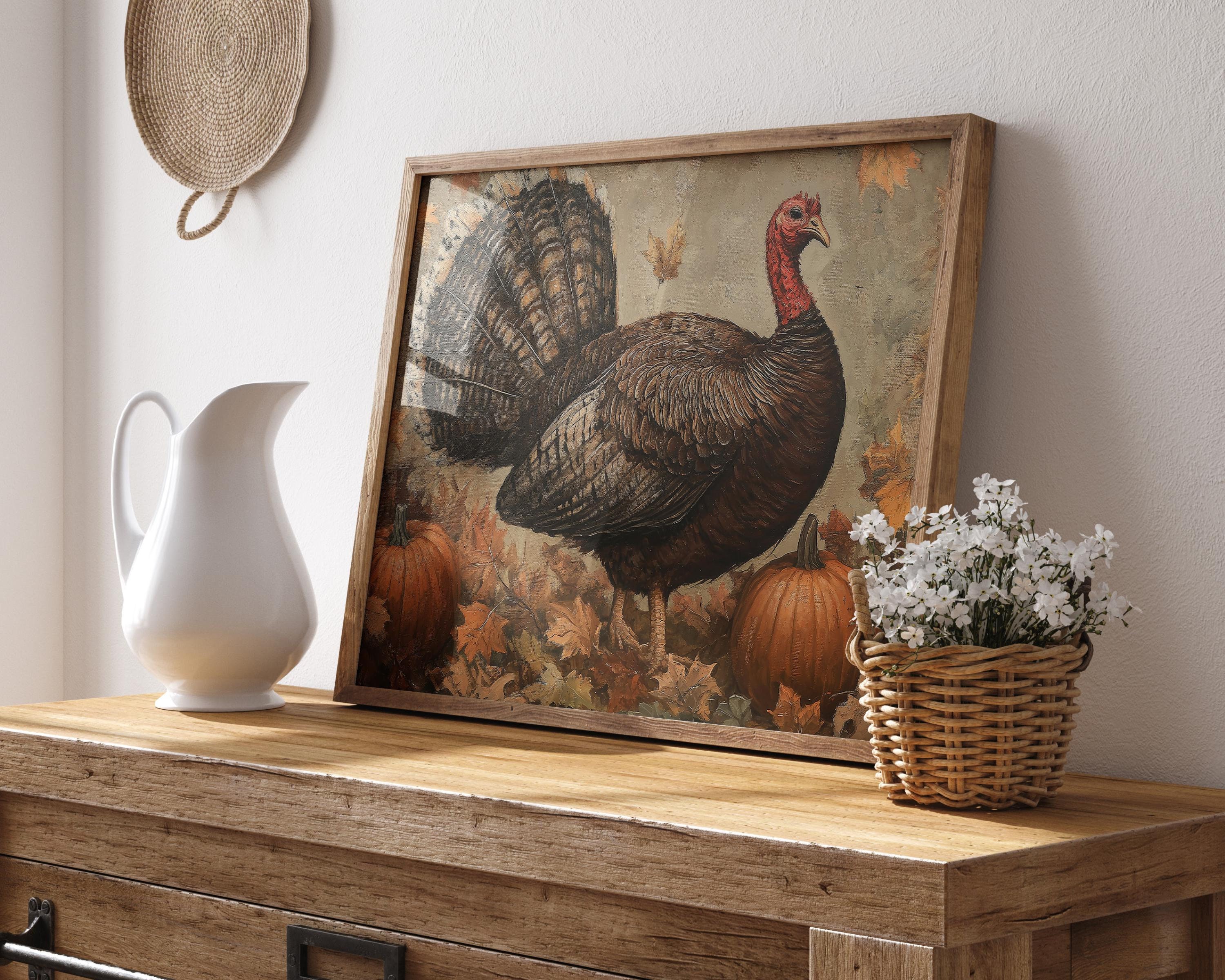 Fall Turkey Vintage Oil Painting Printable Thanksgiving Wall Art Thanksgiving Turkey Rustic Fall Decor  Instant Download Digital Wall Decor