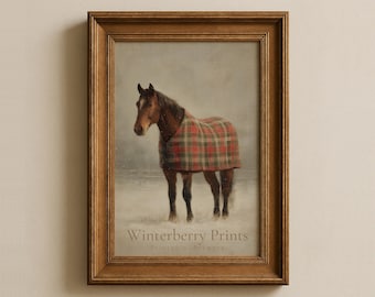 May include: A framed print of a brown horse wearing a red and green plaid blanket, standing in a snowy field. The artwork is in a wooden frame and has the text "Winterberry Prints Printable Artwork" at the bottom.