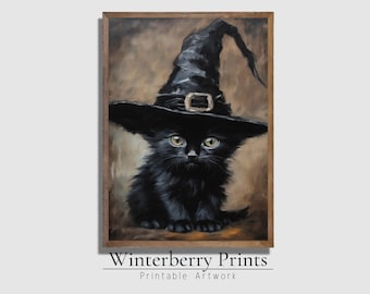 May include: A black kitten wearing a black witch's hat with a gold buckle. The kitten has green eyes and is sitting on a brown background.