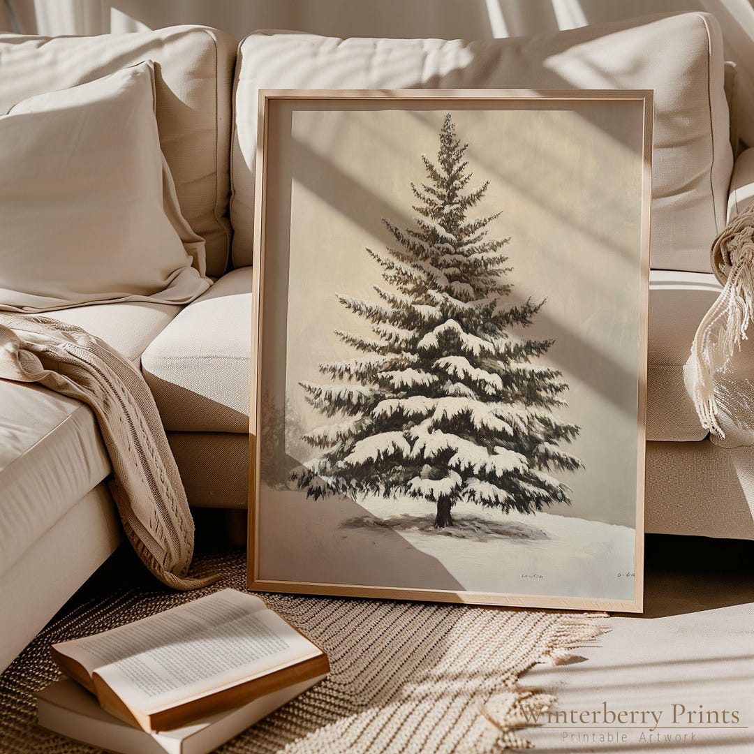 Vintage Christmas Tree Print Vintage Snowy Pine Tree Oil Painting
