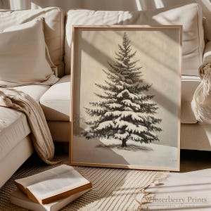 Vintage Christmas Tree Print Vintage Snowy Pine Tree  Oil Painting Neutral Christmas Tree snowy Home Decor Textured Digital Winter Art