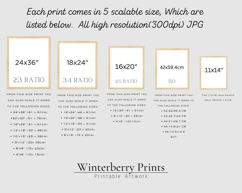 May include: A chart showing five different sizes of printable art prints, with their dimensions and aspect ratios. The print sizes are 24x36 inches, 18x24 inches, 16x20 inches, 42x59.4 centimeters, and 11x14 inches. The text "Winterberry Prints" and "Printable Artwork" is at the bottom of the chart.