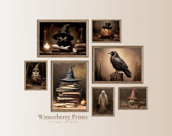 May include: A collection of eight framed Halloween-themed prints. The prints feature a black cat reading a book, a pumpkin wearing a top hat, a raven perched on a branch, an owl, a stack of books with a witch's hat on top, a ghost, and a frog wearing a witch's hat. The prints are all in a similar style, with a dark and moody aesthetic.