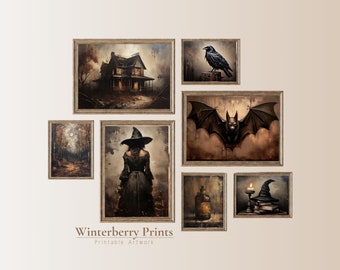 Halloween Printable Wall Art, Halloween Gallery wall, Set of 7 Printable Paintings, Dark and Moody Halloween Print Set, Halloween Decor, 268