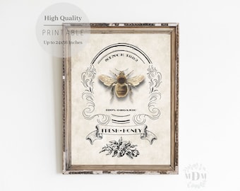 Lámina vintage de abejas: Arte mural primaveral de estilo rústico (descarga digital)