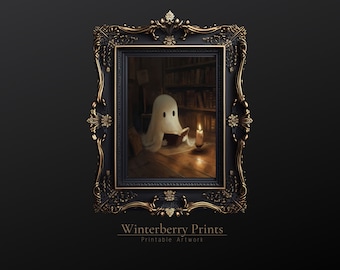 Ghost Reading in Library Art Print: Dark Academia Halloween Decor (Digital Download)