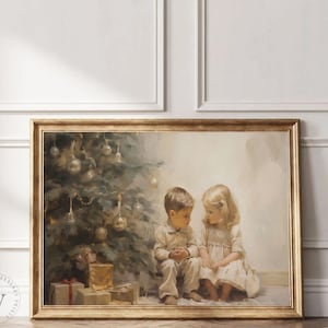 Christmas Tree Printable Artwork|Vintage Christmas Wall Art|Watercolor Painting|Children At Christmas|Holiday Print|Neutral esthetic|#222PT