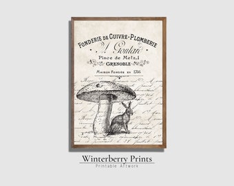 Vintage Hase Pilz Print: Französische Ephemera Kunst (Digitaler Download)