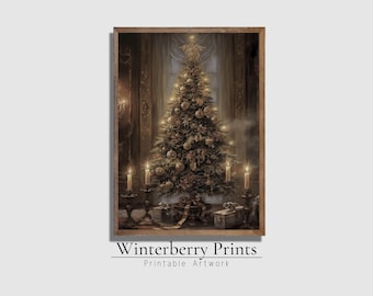 May include: A framed print of a decorated Christmas tree with glowing lights and ornaments. The tree is in a room with lit candles and gifts. The text "Winterberry Prints Printable Artwork" is at the bottom.