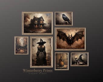 Op de afbeelding: Een verzameling van acht ingelijste prints met een Halloween-thema. De prints tonen een spookhuis, een heks, een vleermuis, een raaf, een fles met toverdrank, een kaars en een heksenhoed. De prints zijn allemaal in een donkere, sfeervolle stijl en zouden perfect zijn om een huis voor Halloween te versieren.