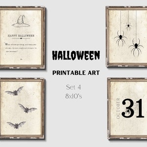 Happy Halloween Printable,Set of 4, Book Page Prints,Halloween Poster,Halloween Decor,Antique Book Page,When Witches Go Riding